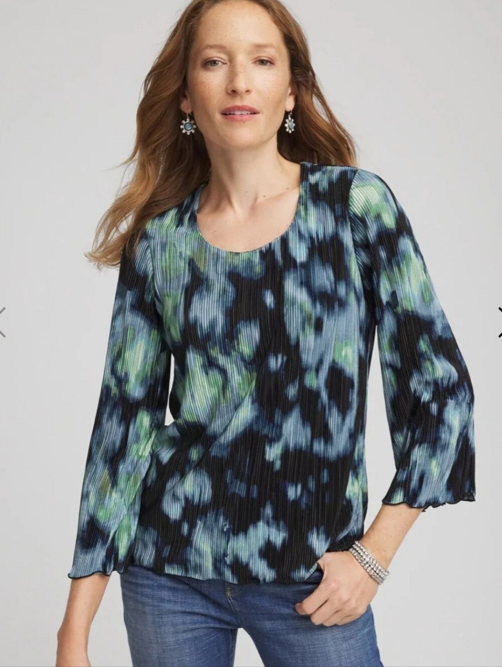 Chico's Pleated Scoop-Neck Long Sleeve Top Size Medium